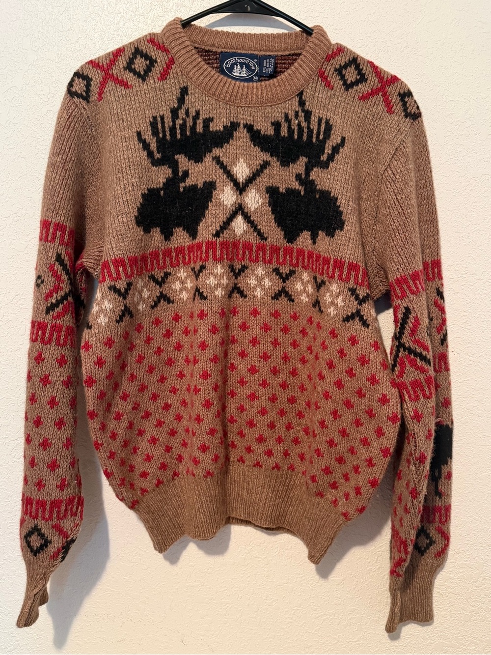 Men's Crewneck Wool-blend Sweater in Brown with Black & Red Fair Isle Motif